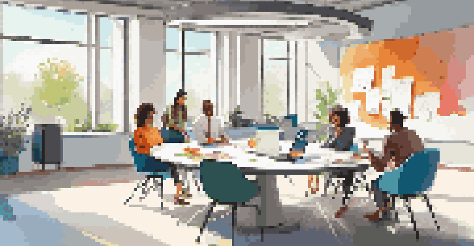 A modern office space with a round table and colleagues collaborating, surrounded by bright colors and ample natural light.