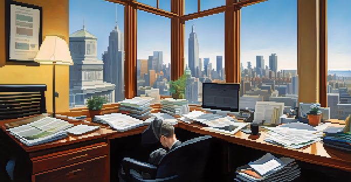 A high-income professional analyzing tax documents at a modern desk with a city skyline view.
