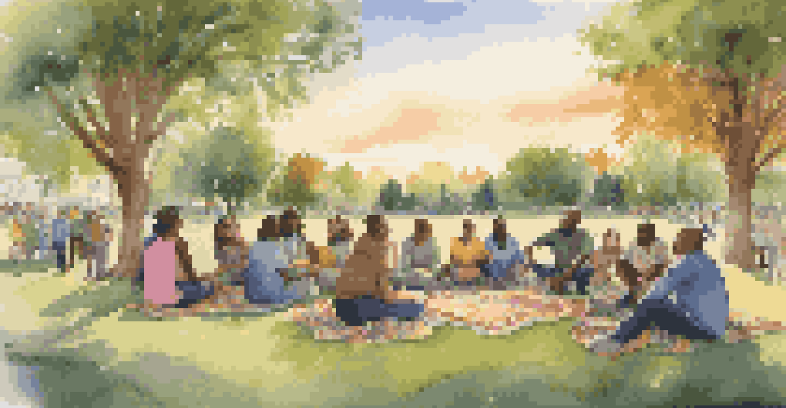 A diverse group of people sitting in a circle on grass in a park, sharing stories during sunset.