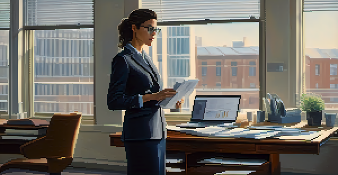 A professional woman in business attire stands confidently in an office, looking at her laptop surrounded by documents and a cup of coffee, with natural light streaming in.