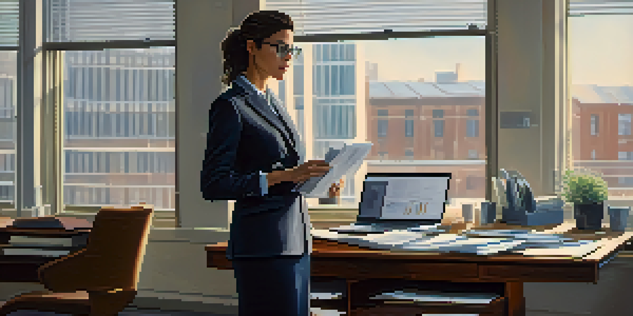 A professional woman in business attire stands confidently in an office, looking at her laptop surrounded by documents and a cup of coffee, with natural light streaming in.