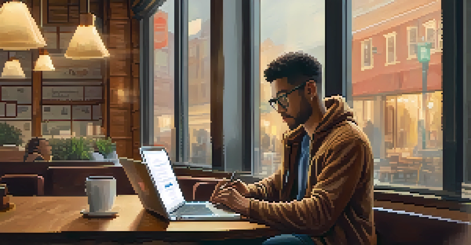 A person in a coffee shop engaging in a virtual networking webinar on their laptop, with warm lighting and a coffee cup.