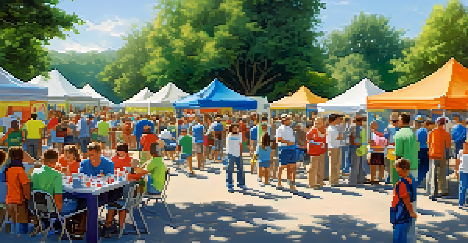 Employees volunteering at a community charity event with colorful booths and children playing in a sunny setting.