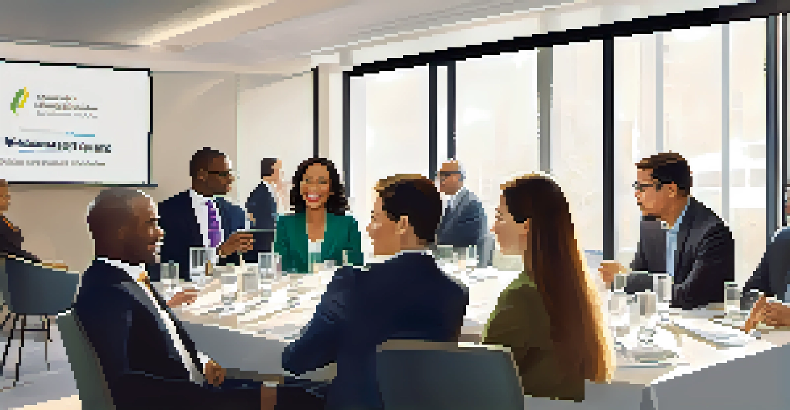 Professionals at a networking event in a conference room, exchanging cards and discussing, with a large banner in the background.