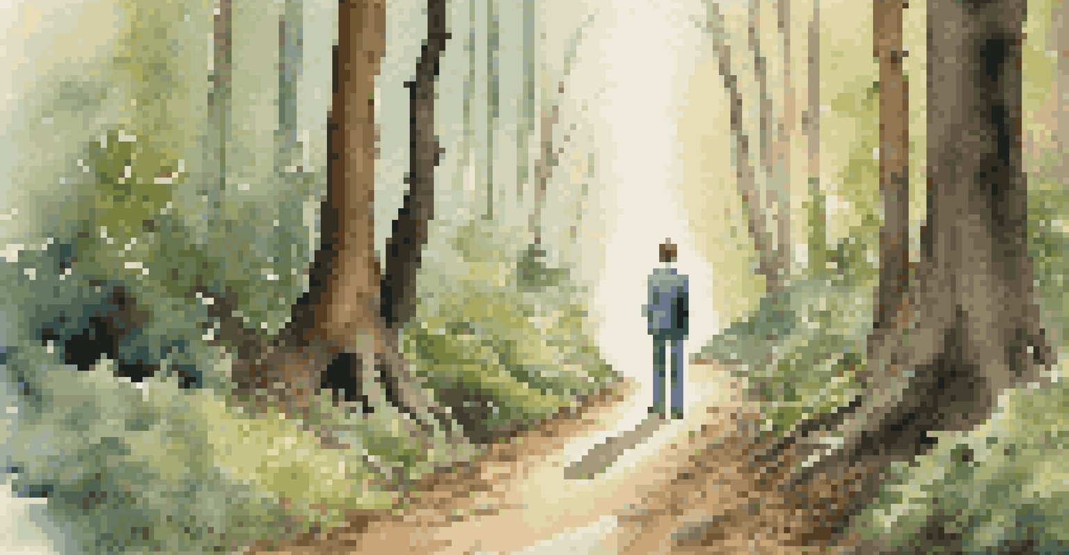 A young professional standing at a fork in a forest, facing two paths: one clear and the other overgrown, representing career choices.