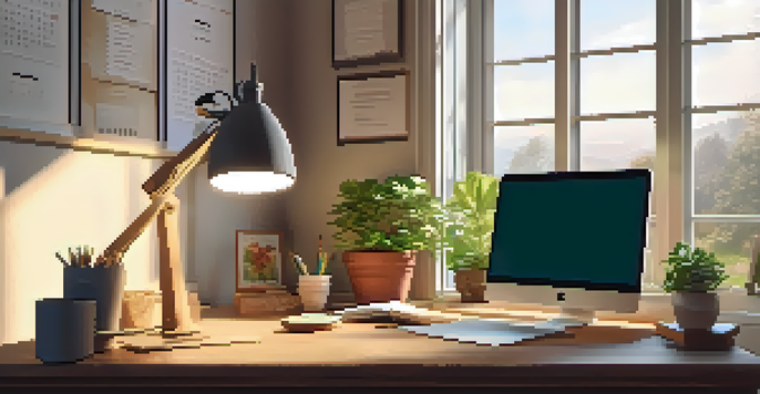 A cozy home office with a wooden desk, laptop, and potted plant, warmly lit by a desk lamp and a view of a sunny garden outside.