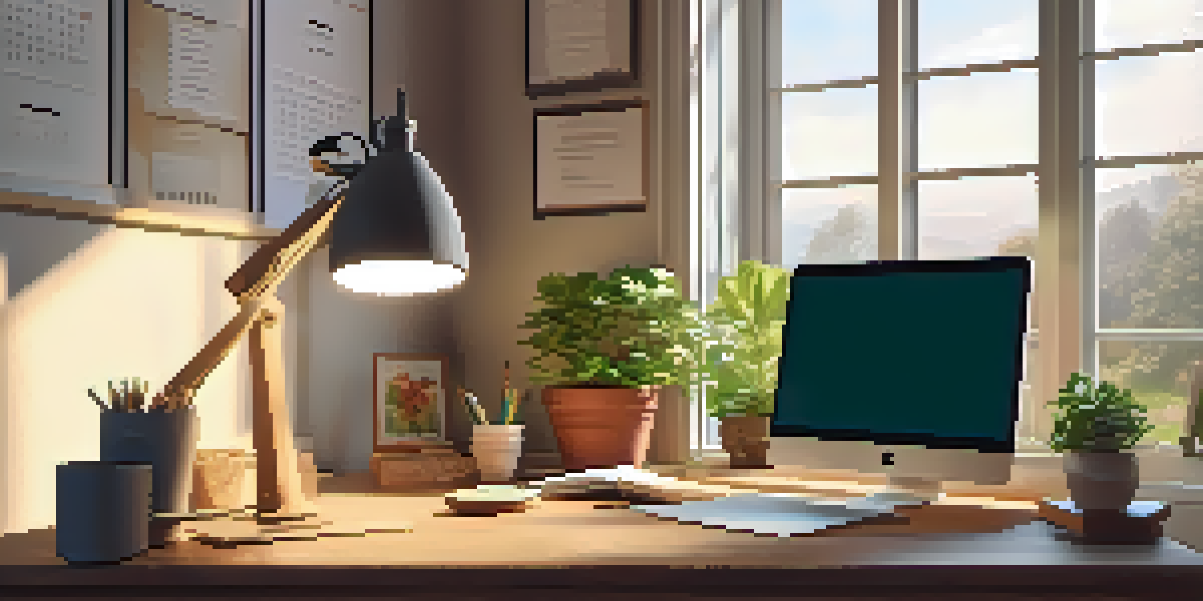 A cozy home office with a wooden desk, laptop, and potted plant, warmly lit by a desk lamp and a view of a sunny garden outside.