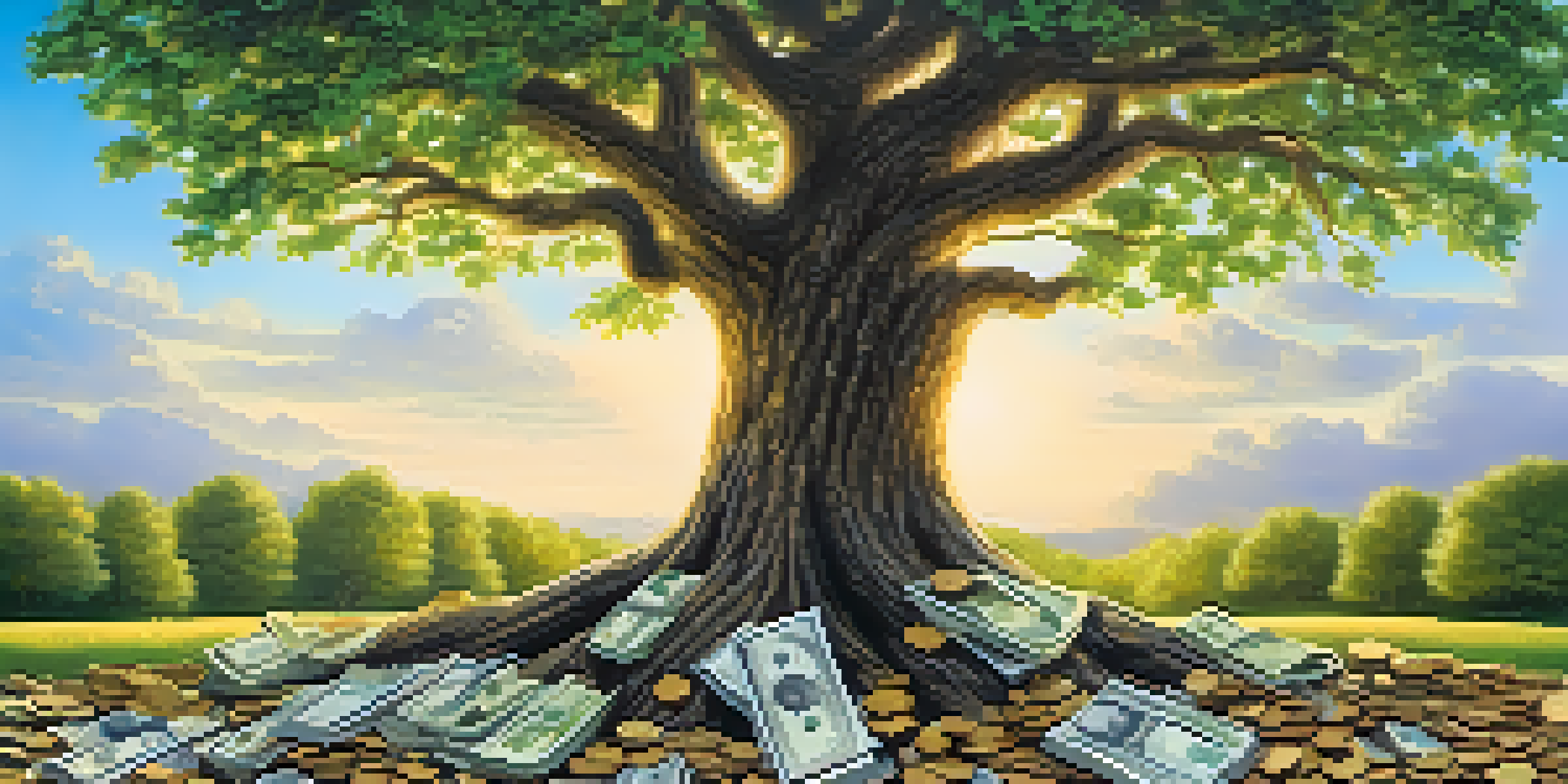 A lush green tree with coins and dollar bills at its roots, under a bright blue sky, symbolizing investment growth and financial security.