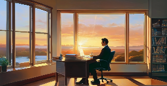 A person in a cozy office, deep in thought while looking at a beautiful sunset through a large window.