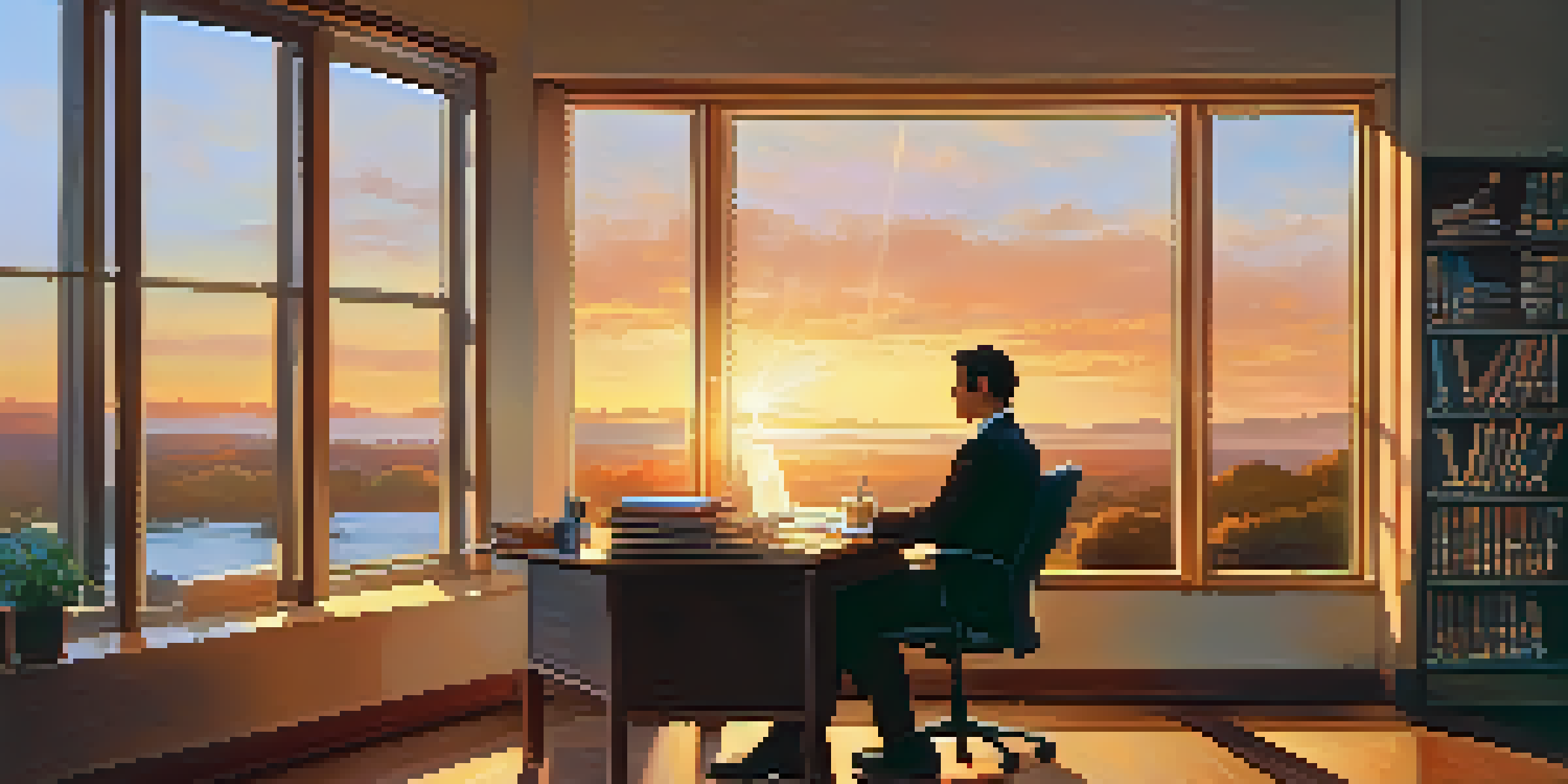 A person in a cozy office, deep in thought while looking at a beautiful sunset through a large window.