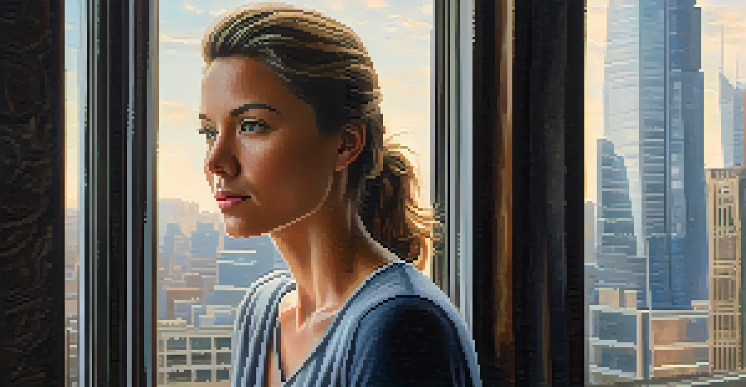 A woman in a thoughtful pose by a window, holding a coffee cup, with a city skyline in the background.