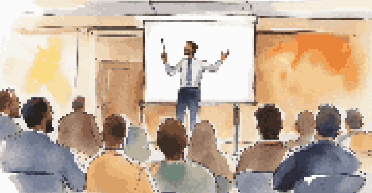 A confident professional presenting to an engaged audience, highlighting positivity in a modern office environment.