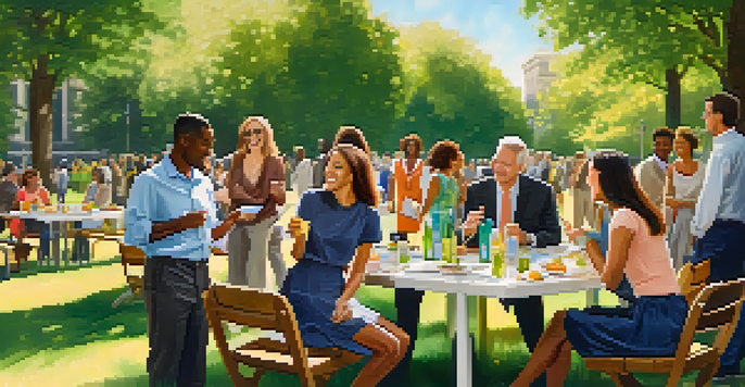 A diverse group of people networking in a sunlit park, engaging in conversations and exchanging business cards.
