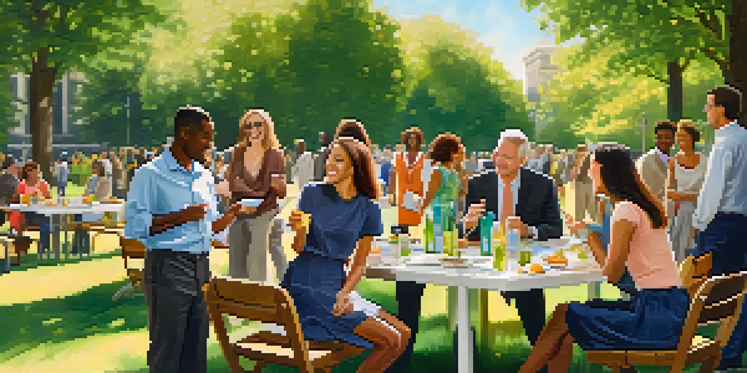 A diverse group of people networking in a sunlit park, engaging in conversations and exchanging business cards.