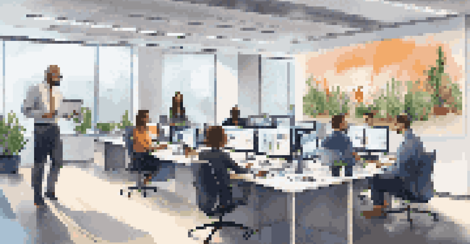 A diverse group of employees participating in a video conference in a bright modern office, with laptops and digital screens visible.