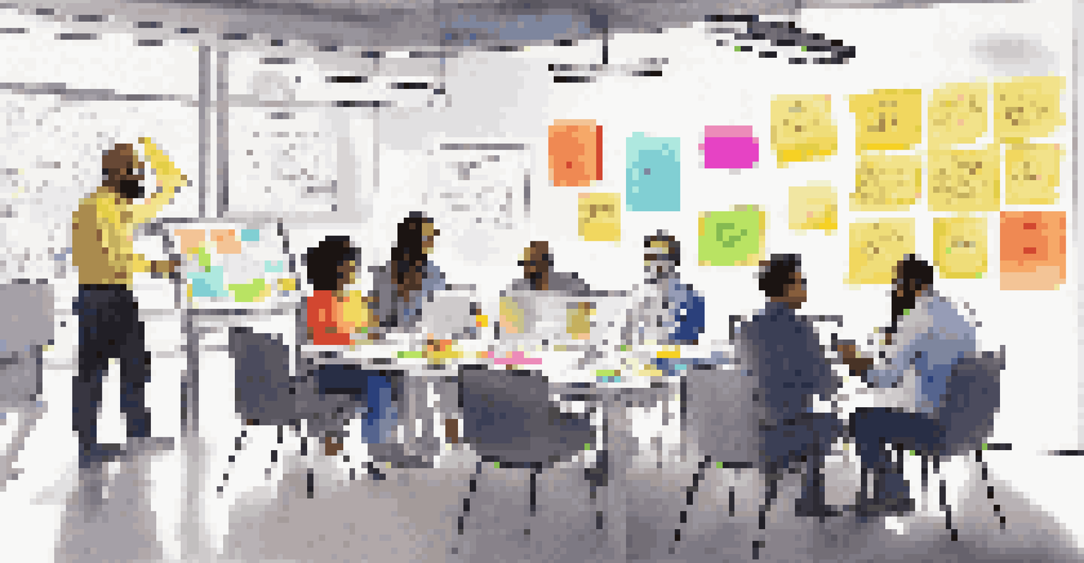 A group of diverse professionals collaborating and brainstorming around a table filled with sticky notes and devices, with a whiteboard in the background.