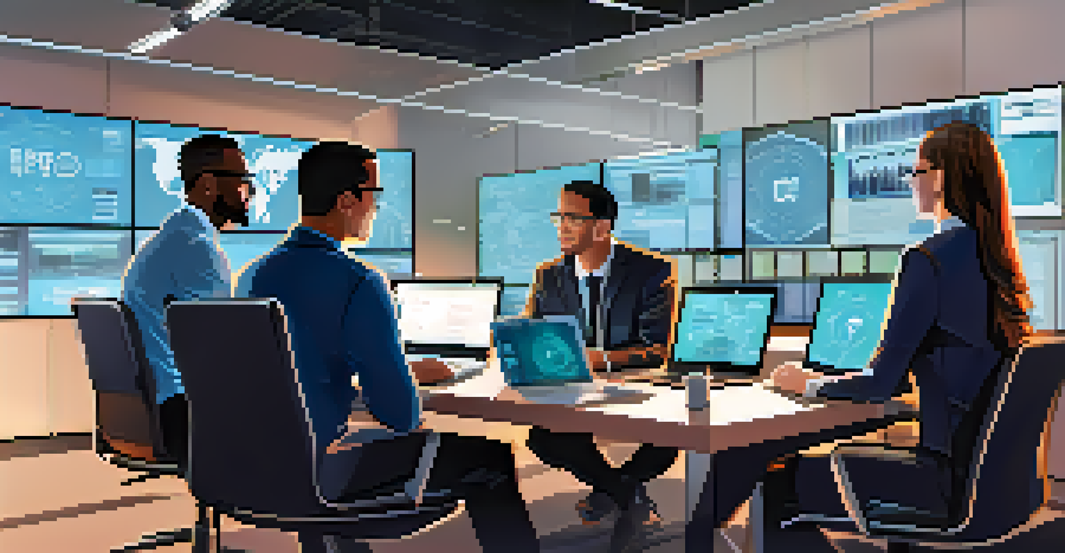 A diverse group of cybersecurity experts engaged in a discussion around a table, with laptops and security plans visible.
