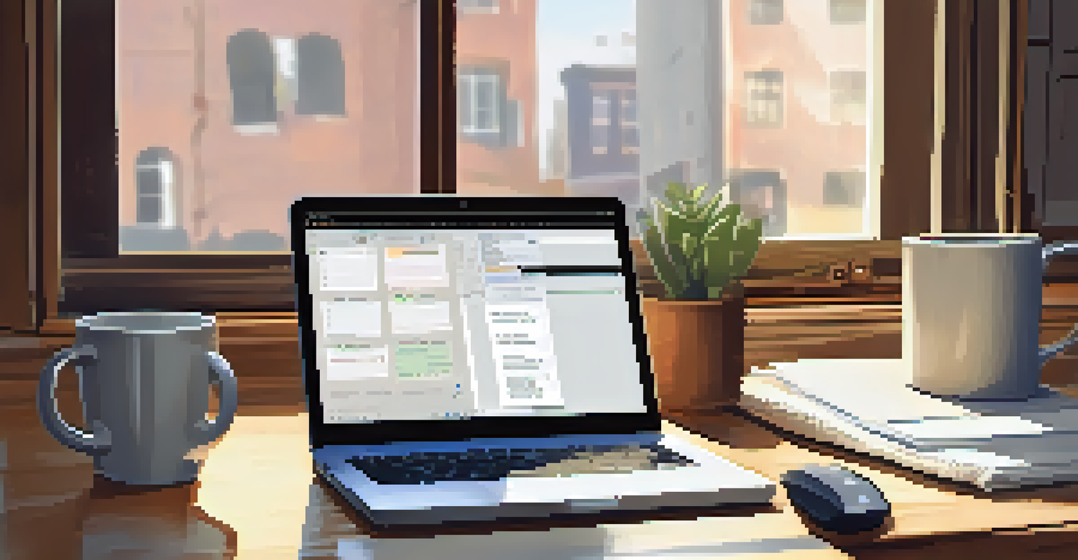 A workspace with a laptop displaying a project management tool, a notepad, and a coffee mug, illuminated by natural light.