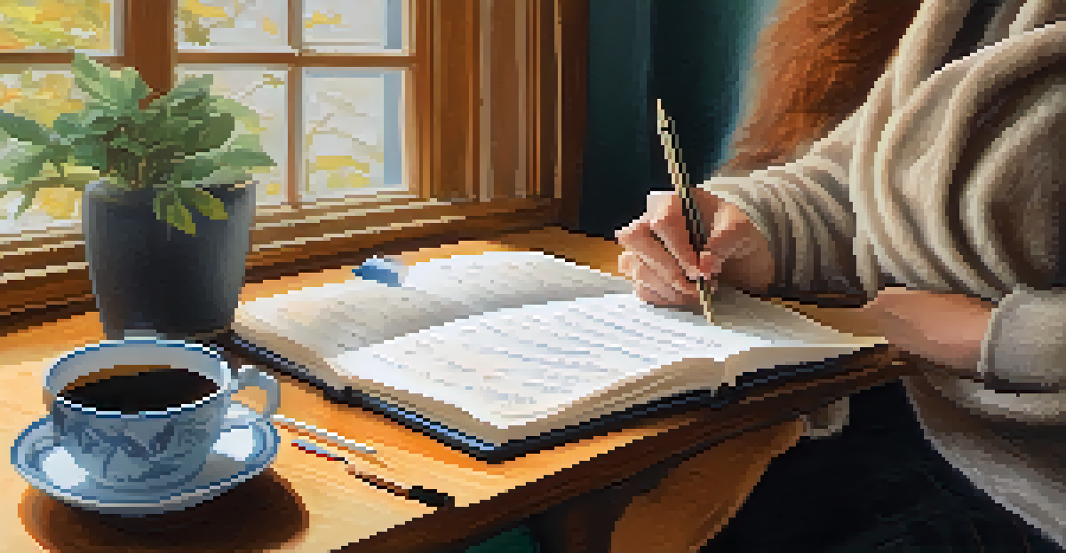 A person writing in a journal with a cup of coffee, in a cozy room filled with natural light.