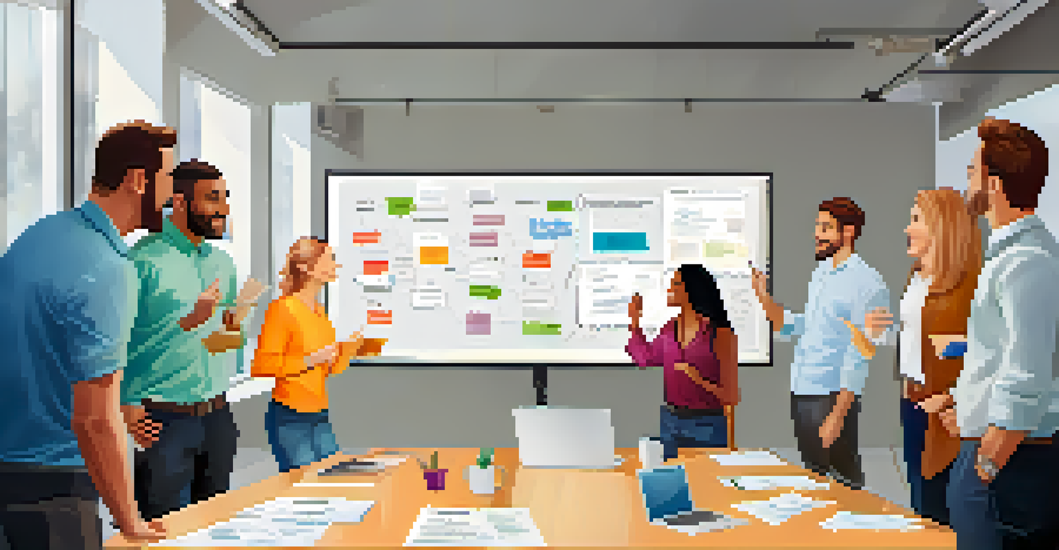 A diverse team in a bright meeting room sharing feedback, with a whiteboard filled with ideas and motivational posters.
