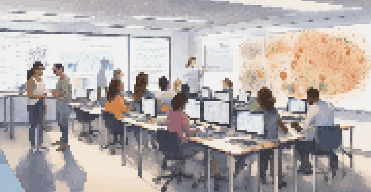 A classroom during a bioinformatics workshop with students discussing and working on laptops, surrounded by educational materials.