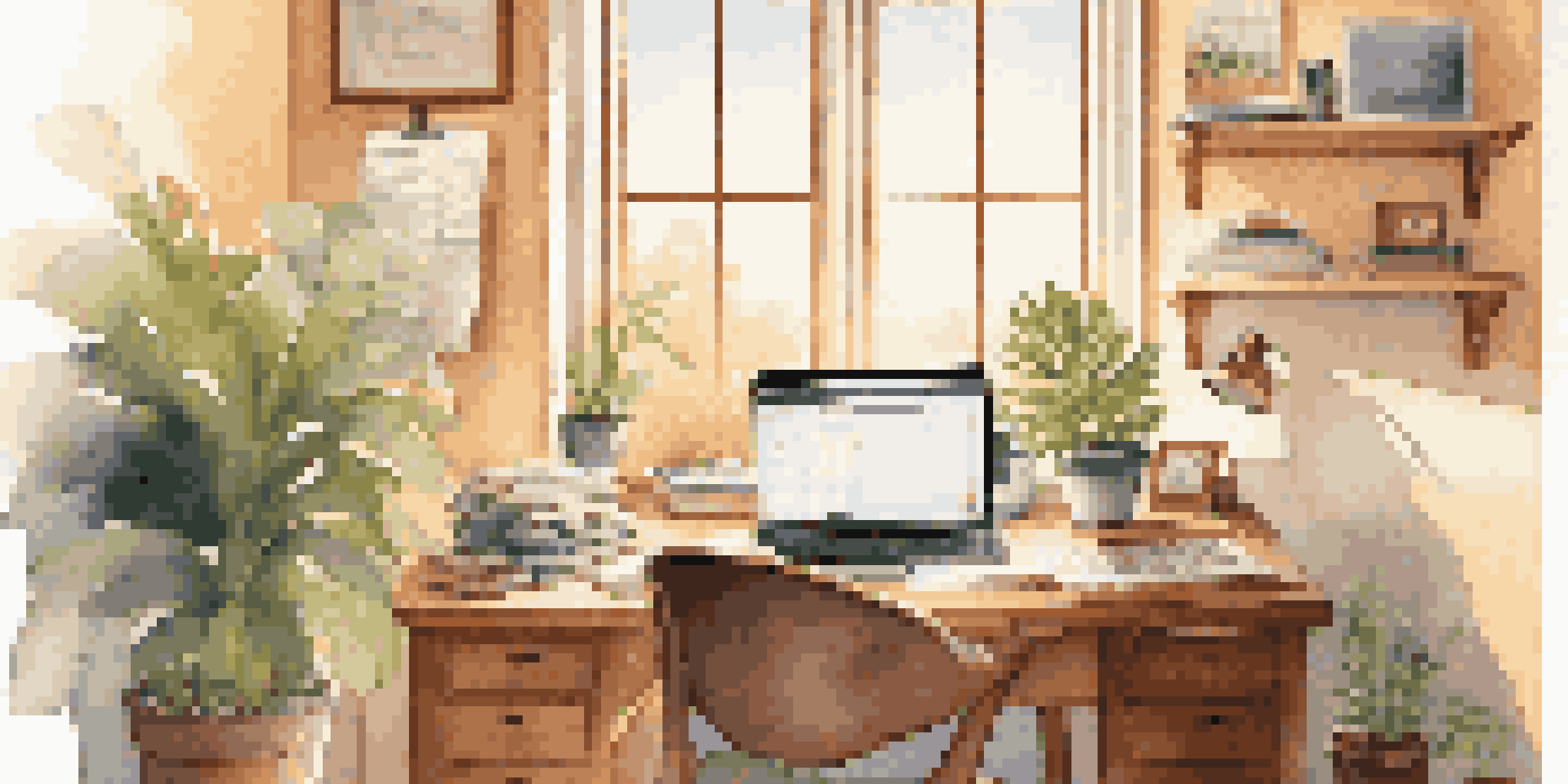 A cozy home office with a desk, laptop, coffee cup, and indoor plants, illuminated by warm sunlight through a window.