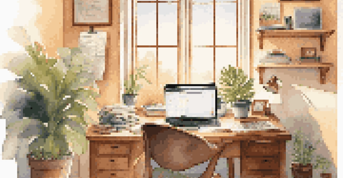 A cozy home office with a desk, laptop, coffee cup, and indoor plants, illuminated by warm sunlight through a window.