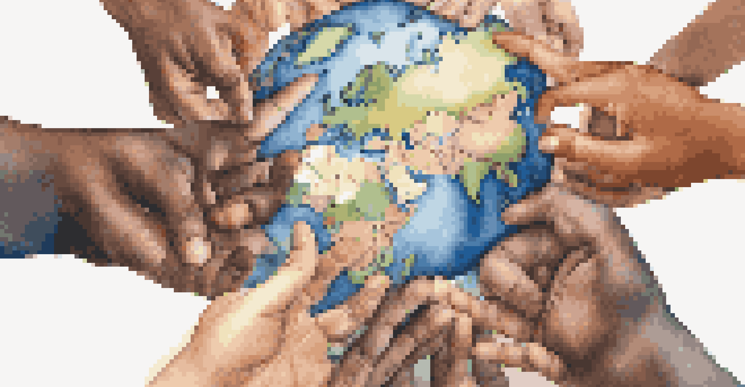 Close-up of diverse hands reaching towards a globe, symbolizing global collaboration.
