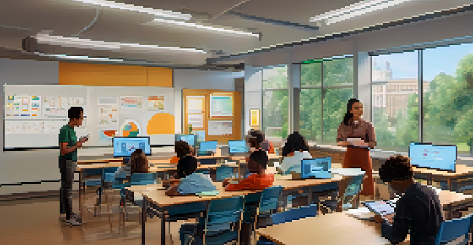 A diverse group of students in a bright classroom using AI tools for personalized learning, with a teacher guiding them and interactive screens in the background.