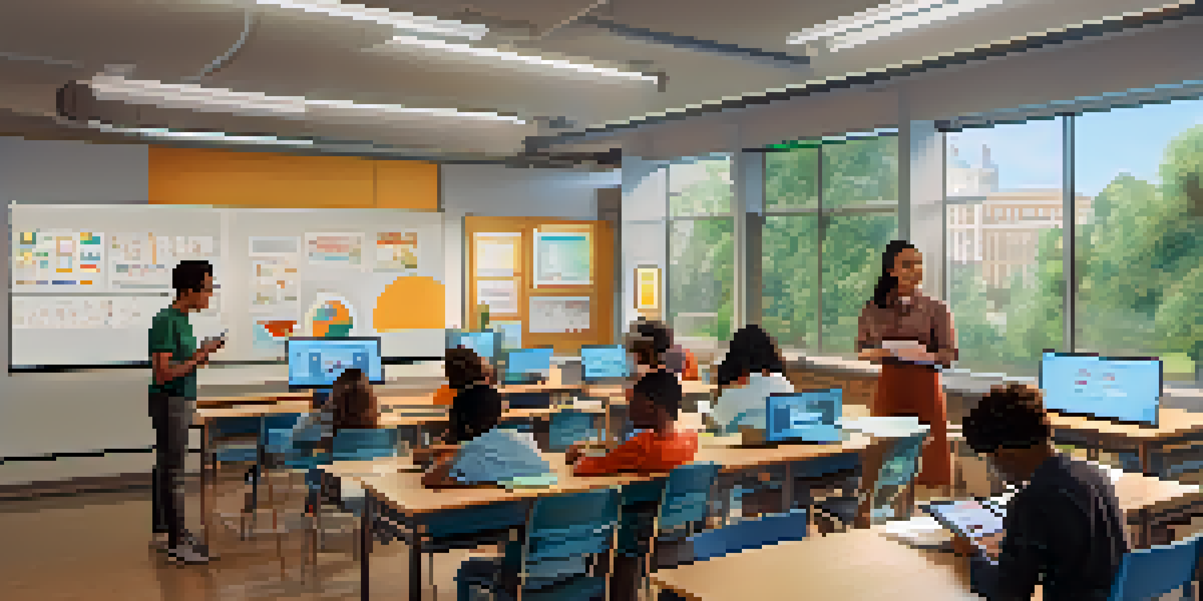 A diverse group of students in a bright classroom using AI tools for personalized learning, with a teacher guiding them and interactive screens in the background.
