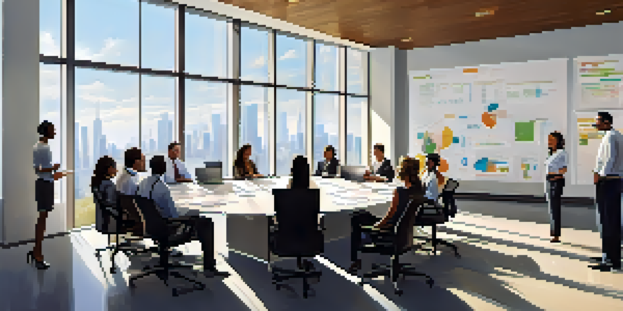A diverse group of employees collaborating in a bright office meeting, surrounded by inspirational quotes about integrity.