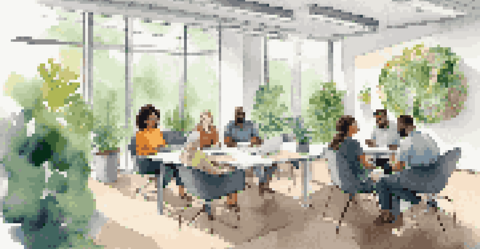 A diverse group of professionals in a bright office brainstorming, highlighting teamwork and communication.
