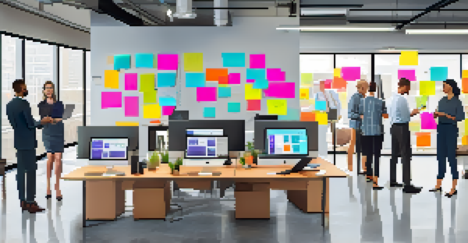 Employees from various departments collaborating on a project in an open office space filled with energy.