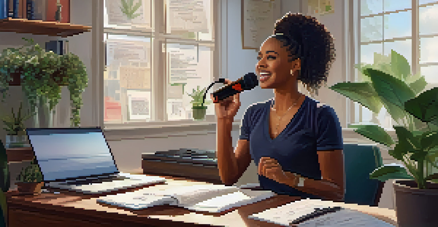 A person practicing public speaking in front of a mirror in a cozy home office.
