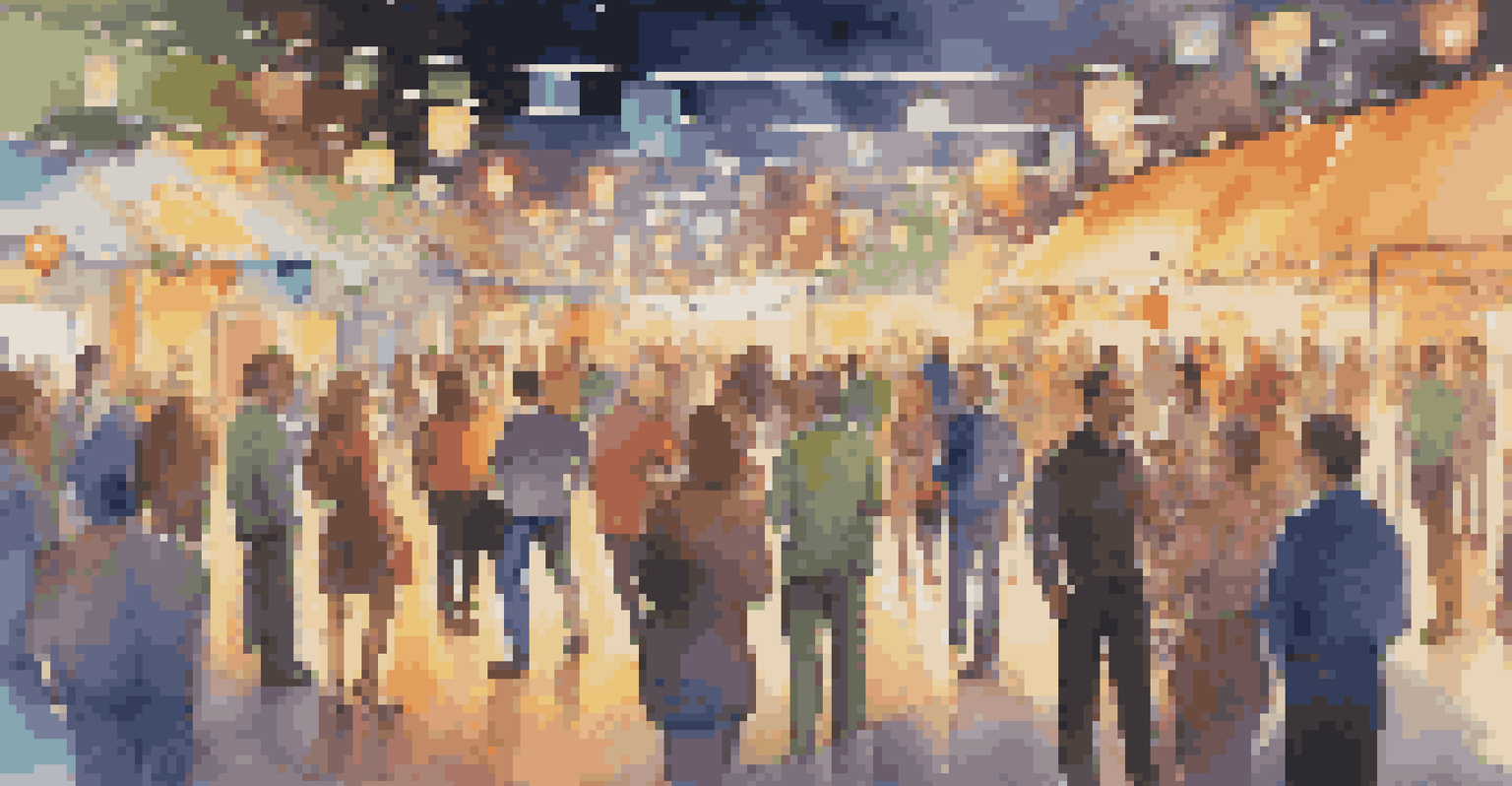 A vibrant networking event with attendees mingling, colorful lights, and displays of skills and achievements in a lively atmosphere.