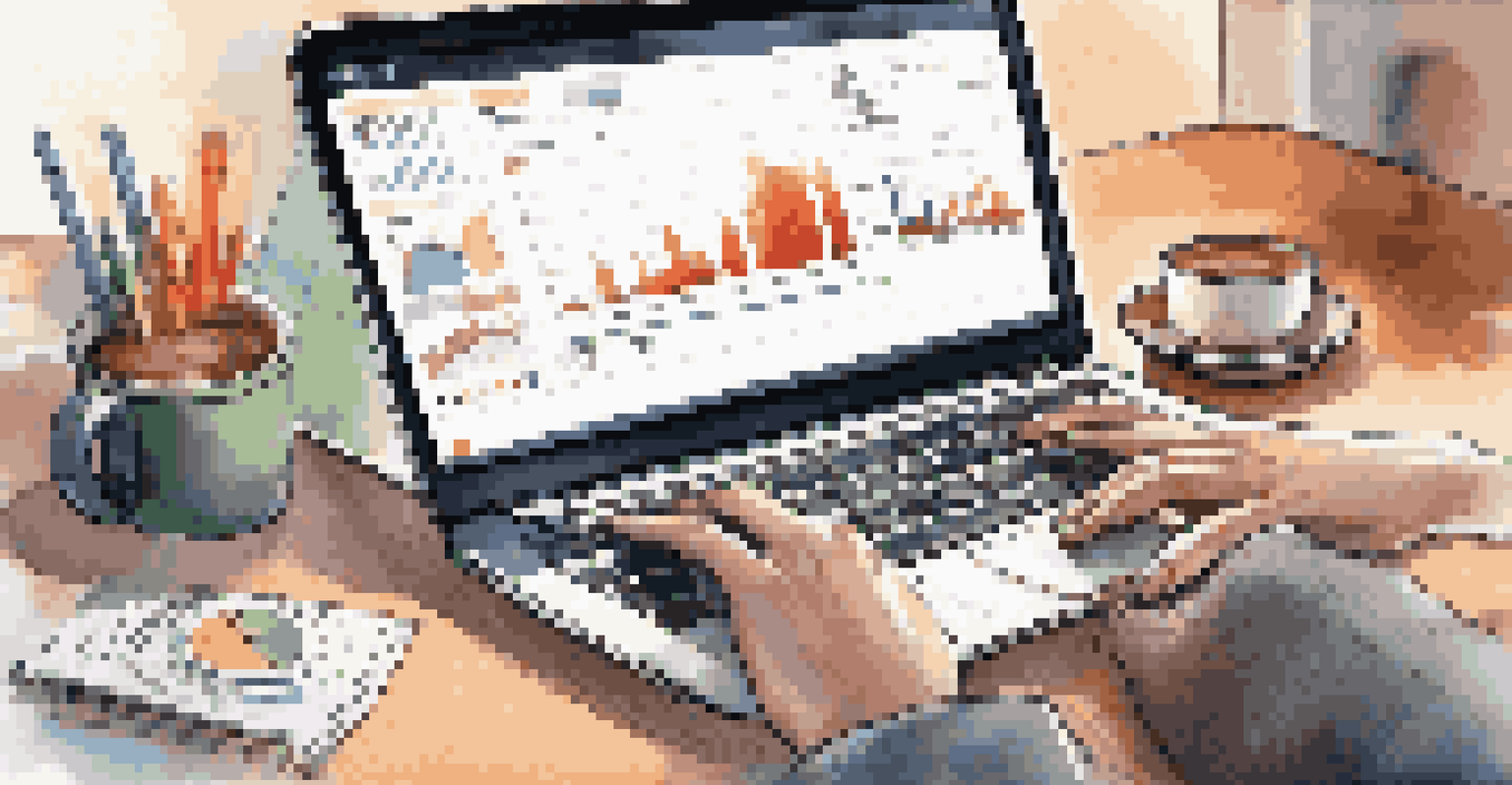 Close-up of hands typing on a laptop with financial data analytics on the screen, accompanied by a coffee cup and notepad.