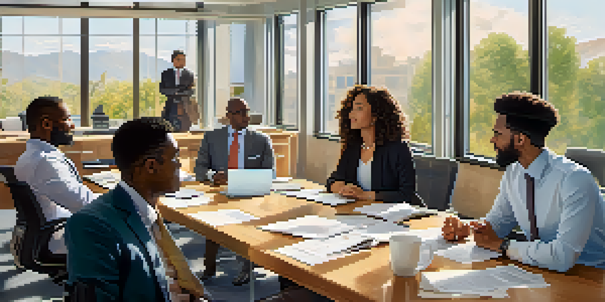 A group of diverse professionals discussing around a conference table in a bright office, symbolizing collaboration and inclusivity.