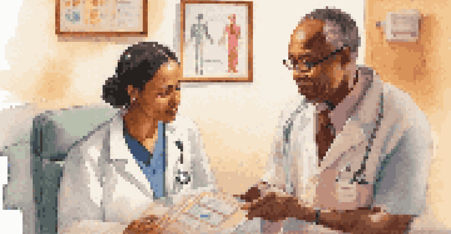 A healthcare provider and a patient discussing treatment options with visual aids, in a warmly lit room.