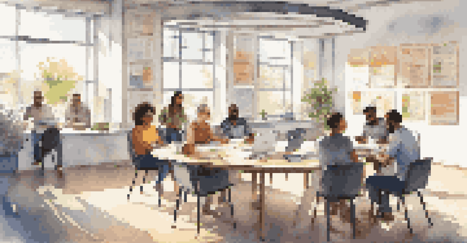 A diverse group of individuals discussing ideas around a round table in a bright office space.