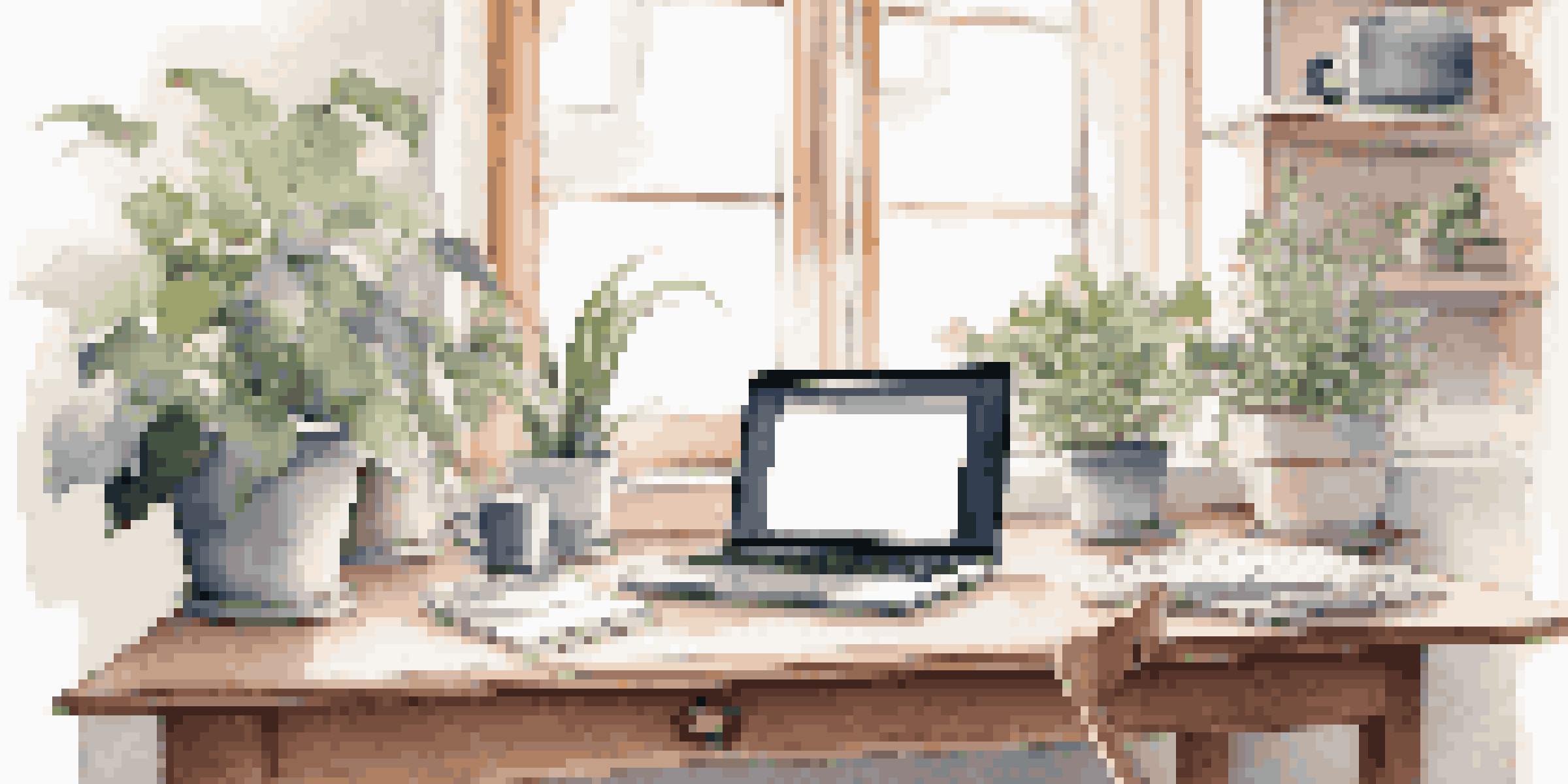 A bright and organized workspace with a laptop, coffee mug, and plants, illuminated by natural light from a window.