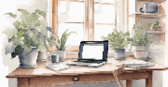 A bright and organized workspace with a laptop, coffee mug, and plants, illuminated by natural light from a window.