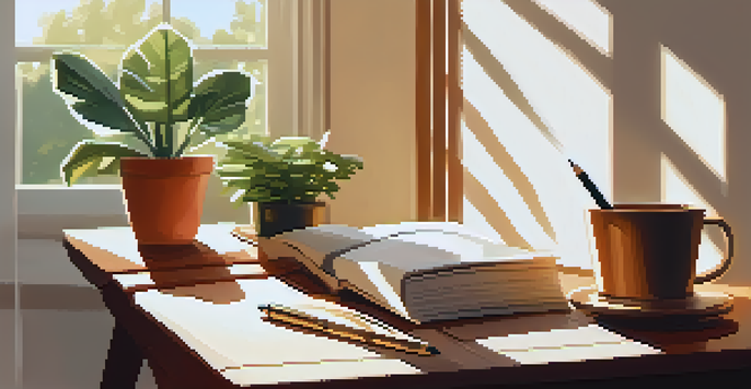 A cozy workspace featuring a wooden desk with sunlight coming through a window, a plant, and an open journal with a pen.