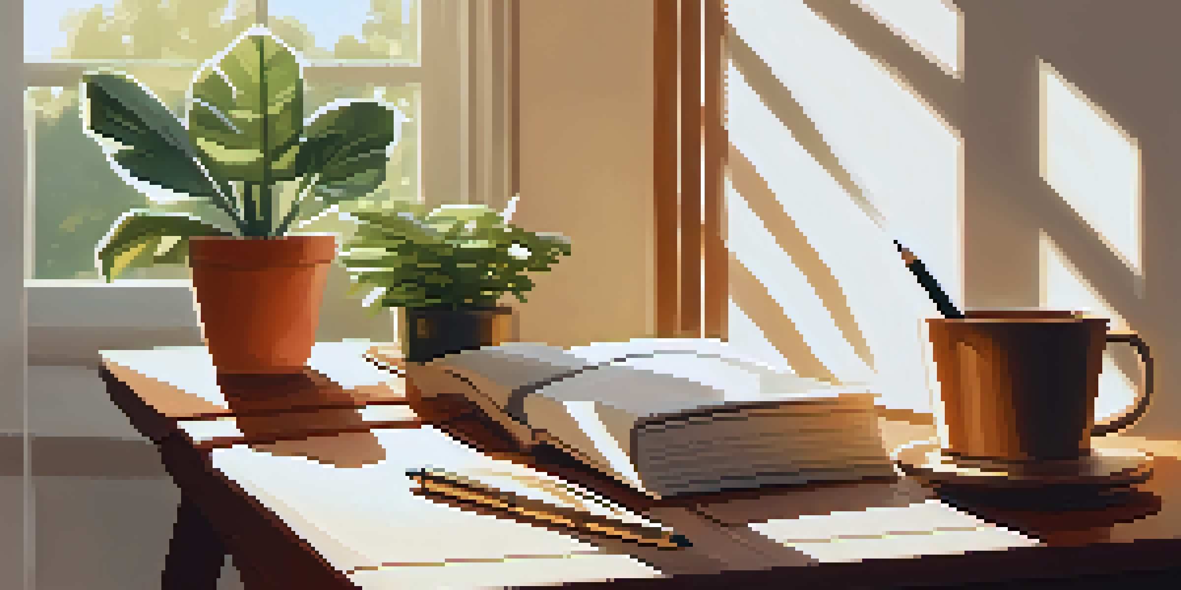 A cozy workspace featuring a wooden desk with sunlight coming through a window, a plant, and an open journal with a pen.