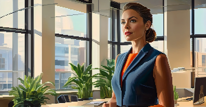 A confident professional woman in a vibrant outfit, standing in a modern office filled with plants and art, illuminated by soft natural light.