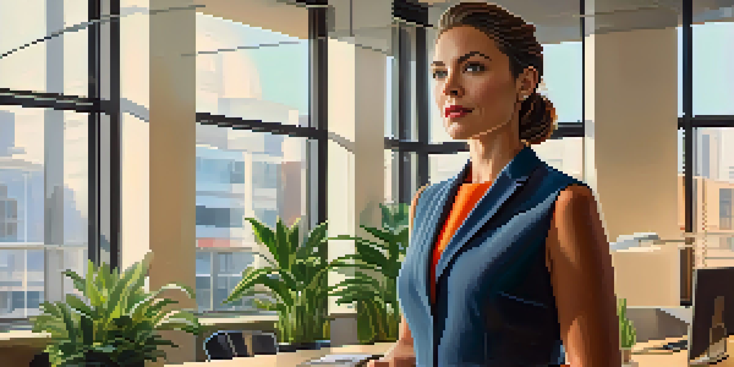 A confident professional woman in a vibrant outfit, standing in a modern office filled with plants and art, illuminated by soft natural light.