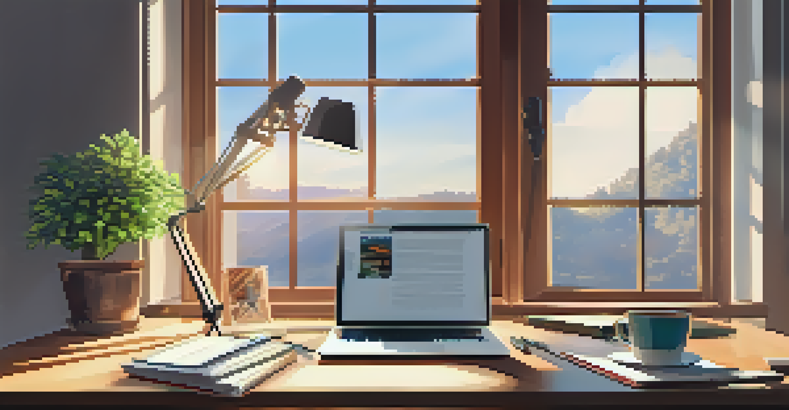 A cozy workspace with a desk, laptop, and books, illuminated by sunlight coming through a large window.
