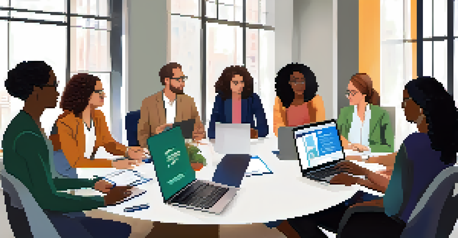 A group of diverse professionals participating in an online learning session at a round table with laptops and drinks.