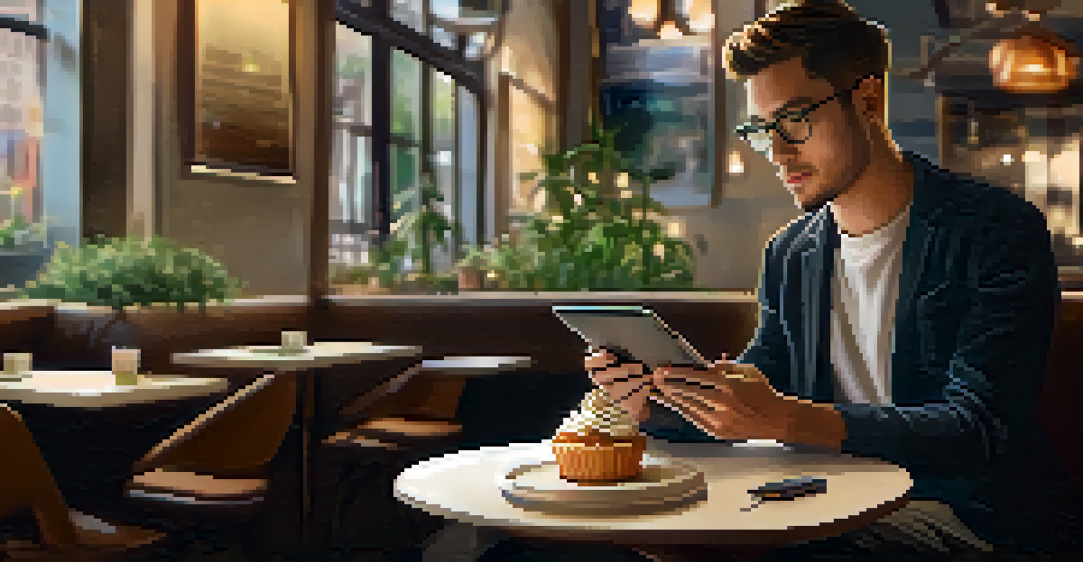 A person in a café using a tablet for a career assessment, surrounded by a lively atmosphere and warm lighting.