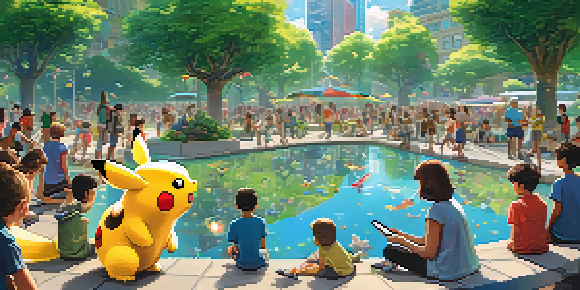 Children in a park interacting with colorful augmented reality creatures while looking at their mobile devices, surrounded by greenery and urban buildings.