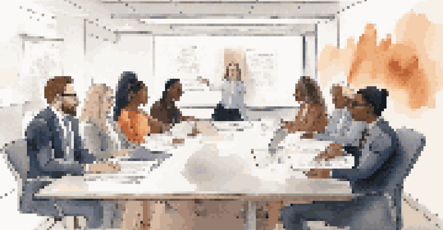 A diverse group of leaders in a conference room discussing strategies for inclusive leadership, with documents and a whiteboard visible.